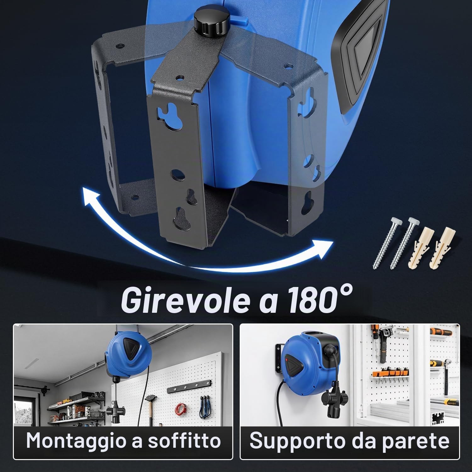 Fiqops Avvolgicavo automatico, 20 m + 1,5 m, montaggio a parete, girevole a 180°, avvolgicavo automatico per officina e stoccaggio, con funzione stop, avvolgicavo (spina singola)