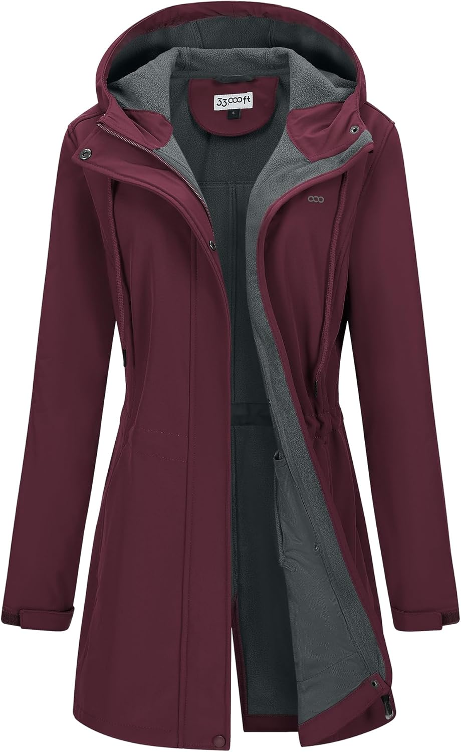 33,000ft Women's Softshell Long Jacket with Hood Fleece Lined Windproof Warm up Waterproof Windbreaker