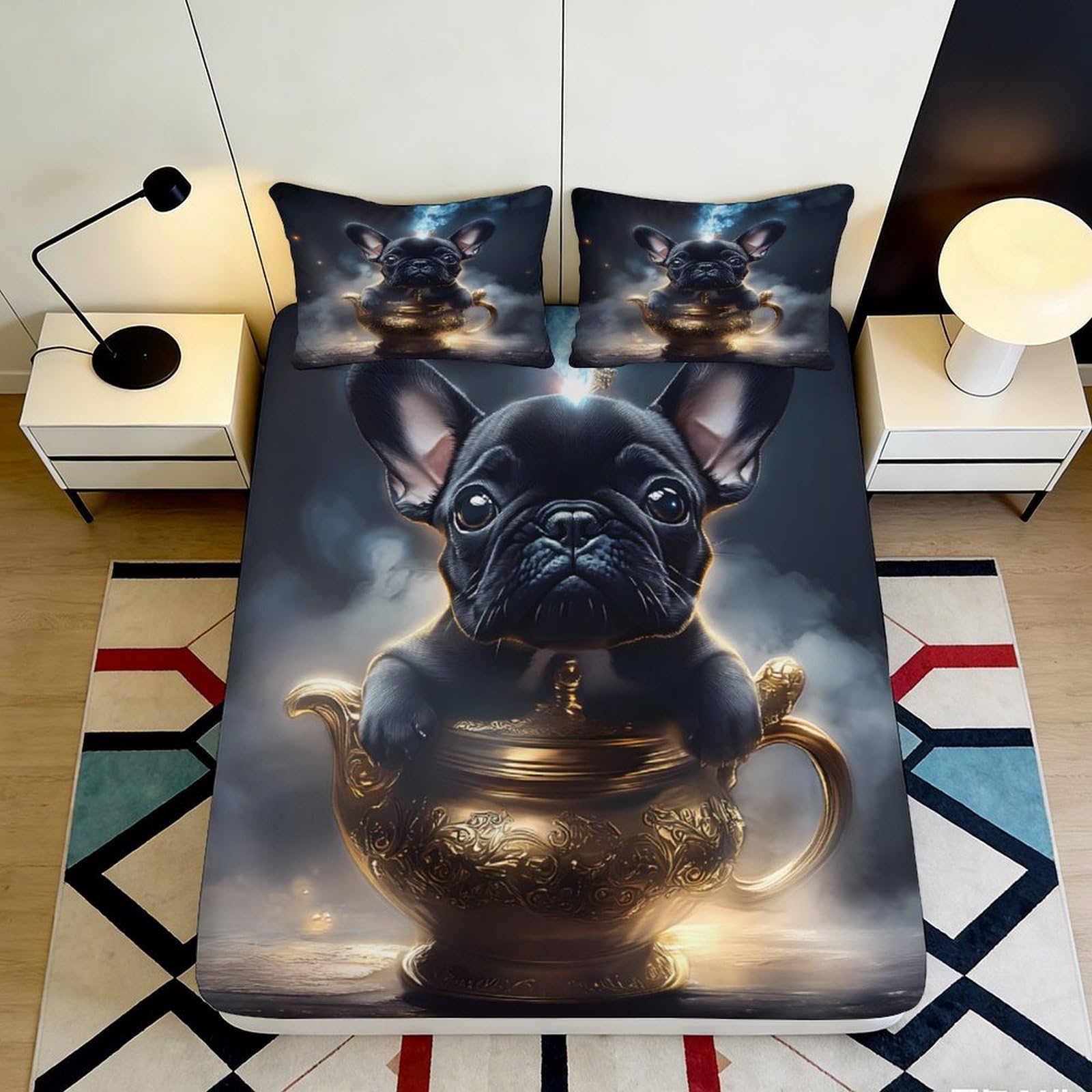 3D Printed French Bulldog Fitted Sheet Microfiber Deep Pocket Non-Slip Cover French Bulldog Mattress Fitted Cover Bedding 200x200x25cm