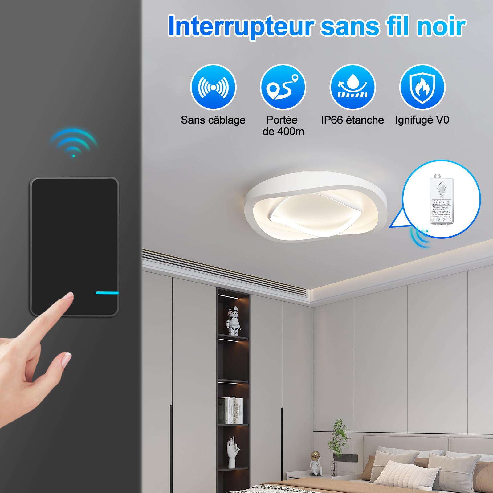 Interrupteur Sans Fil 230V,NineLeaf Kit Interrupteur et Récepteur Sans Fil 10A,Aucun Câblage Requis,étanche IP66,Portée de 400m pour l'éclairage(noir),4PK
