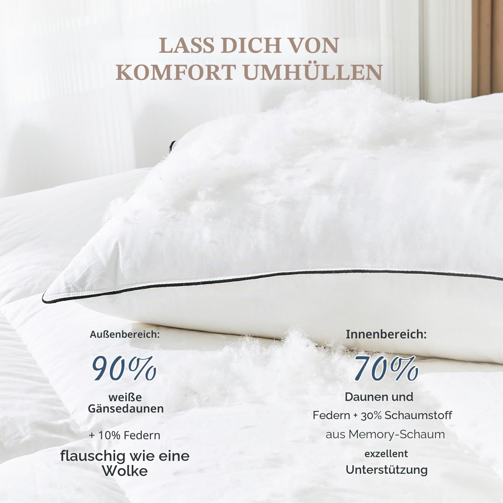 DWR Daunenkissen 80x80 cm (2 Stück) | 3-Kammer Kopfkissen | 90% weiße Gänsedaune Außen | Feder-Mischung Innen | 100% Bio-Baumwollbezug | Mittlere Unterstützung Schlafkissen | RDS und Oeko-TEX