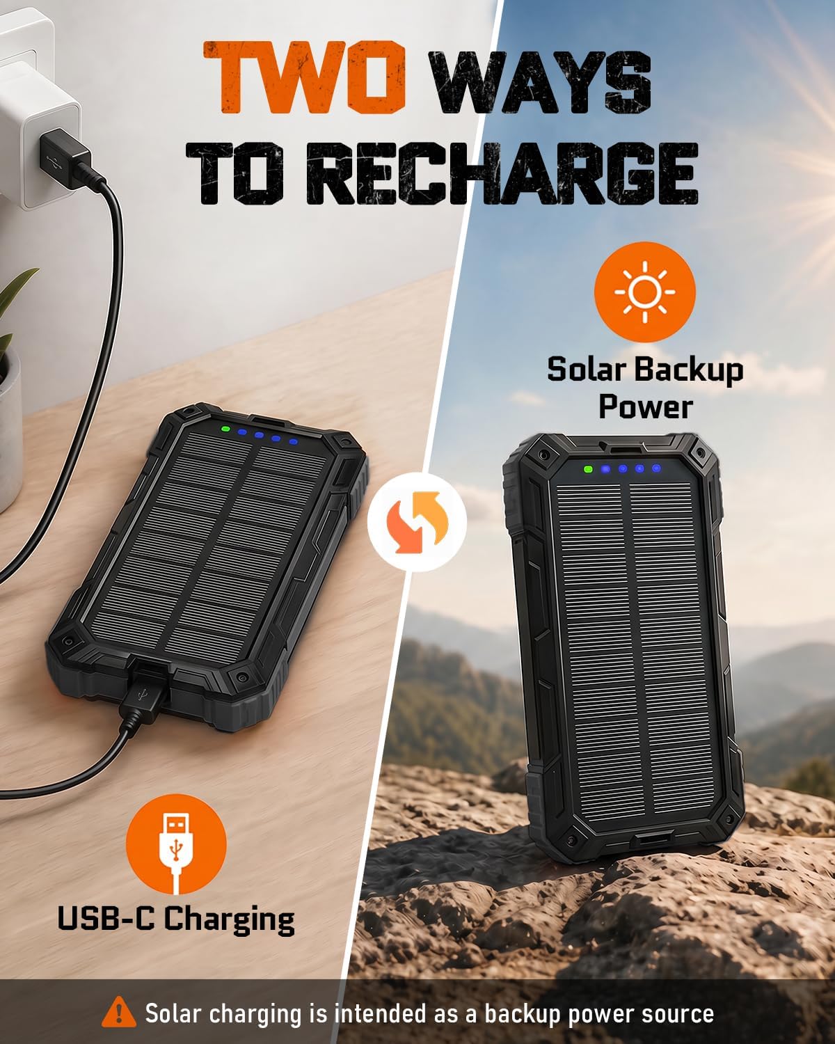 Solar Charger Power Bank - 49800mAh Solar Phone Charger with USB-C in/Output, QC 3.0 Fast Charging with LED Flashlight, Built-in 4 Cables, IP65 Waterproof Fits for Outdoor (Black)