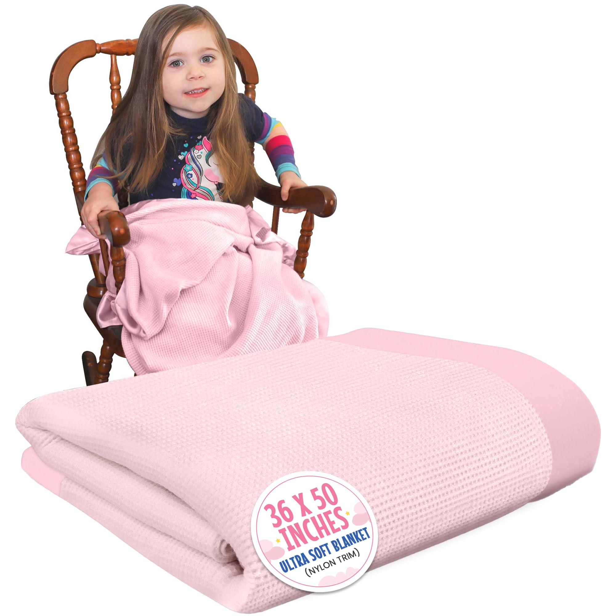 Thermal Waffle Knit Baby Blanket Nylon Trim Pink (36" x 50")