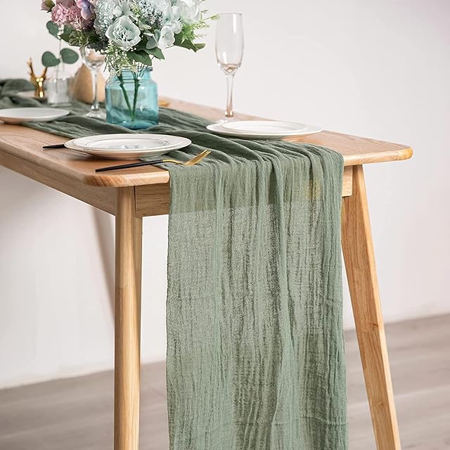 Dloapesy 90*300CM Semi-Sheer Table Runner Extra Long Green Cheesecloth Gauze Cheesecloth Tablecloth Boho Rustic Table Cover for Kitchen Dining Room Bridal Shower Wedding Party Supplies (Green)