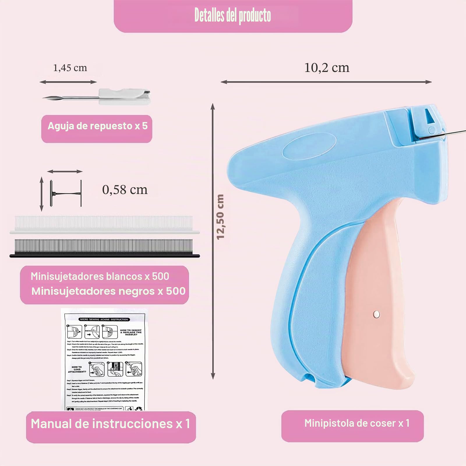 Pistola de Coser Manual Mini - Máquina de Coser Portátil con 5 Agujas + 1000 Clips, Reparación Rápida para Ropa y Cortinas, Kit de Costura de Viaje para Reparaciones de Textiles (Polvo Azul)
