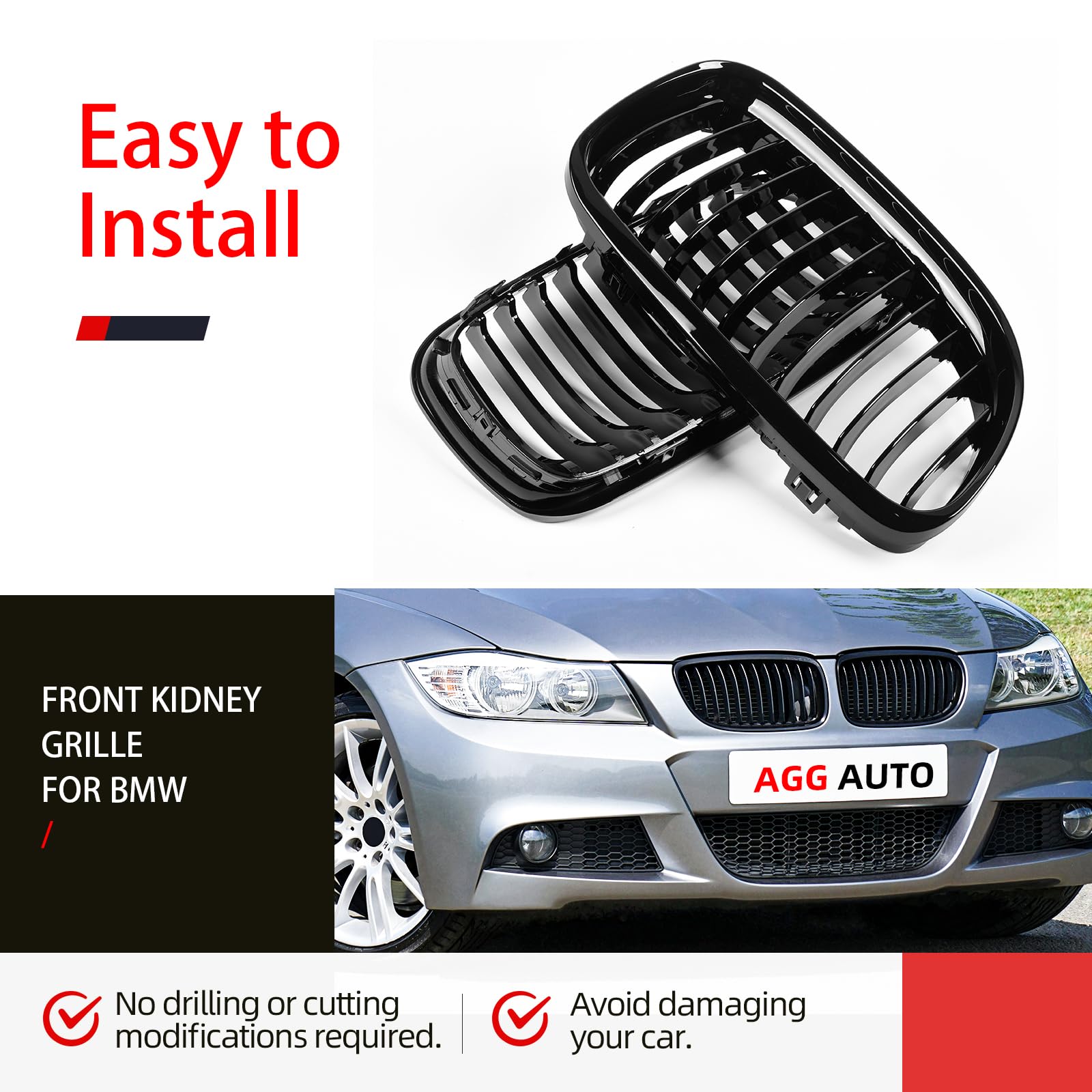 AggAuto Brillant Noir Grille de calandre, reins avant 12 barres individuelles, Compatible avec BMW Série 3, E90/E91, 2009-2011