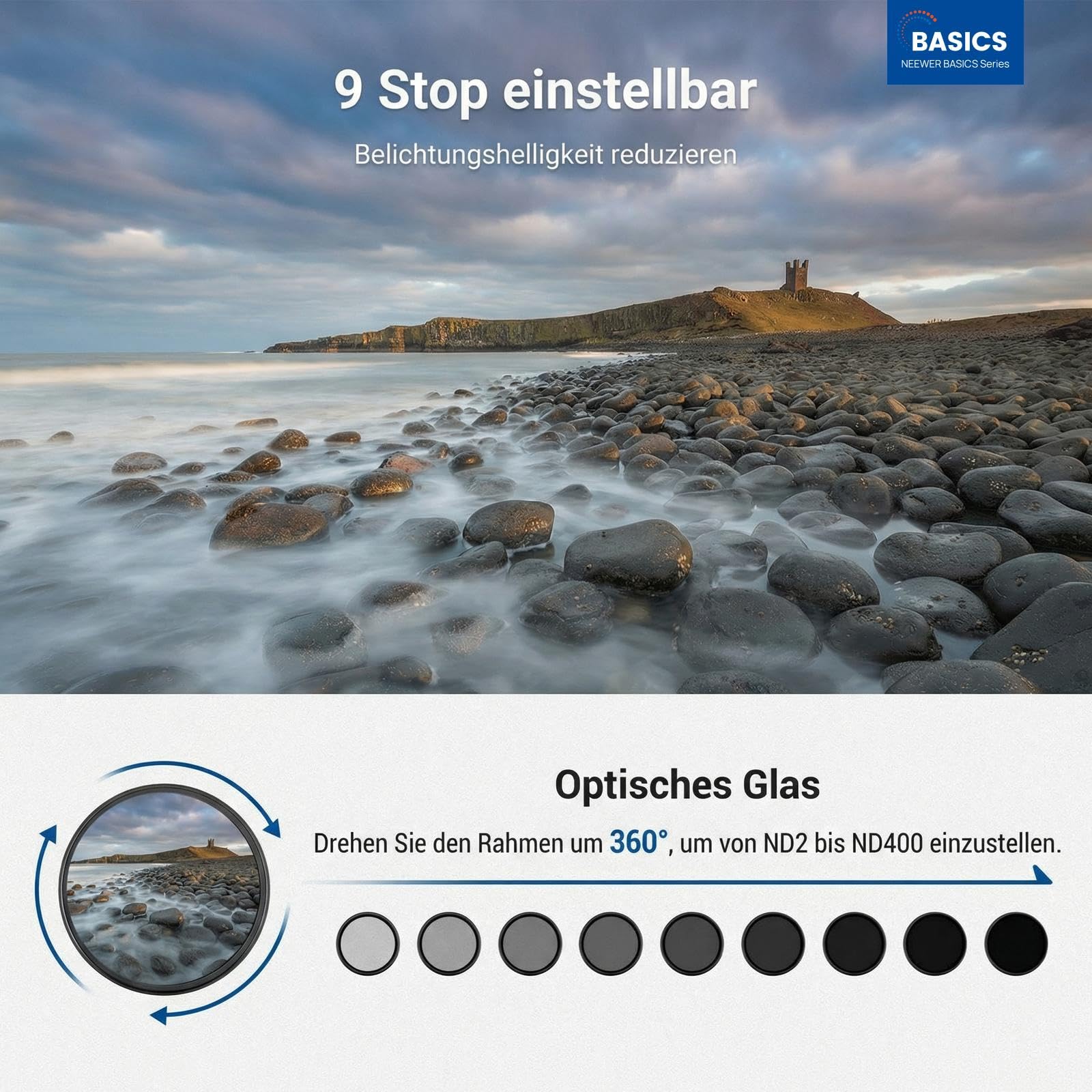 NEEWER BASICS 55mm variabler ND Filter, ND2-400 1-9 Stops Lichtreduzierung, drehbarer variabler Graufilter Neutraldichtefilter mit Anti Fingerabdruck Beschichtung, schlanker Rahmen für Kameraobjektive