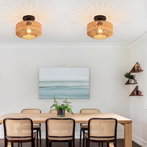 Miniatura 4 de Lámpara de techo, lámpara de techo de ratán tejida a mano, montaje empotrado, lámpara de granja, soporte de techo bohemio para pasillo, dormitorio,