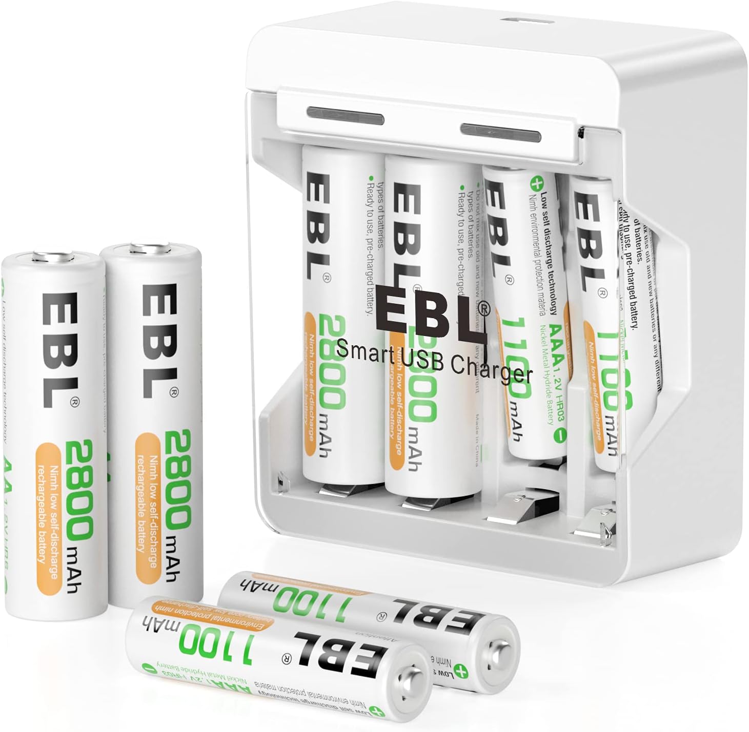 EBL Charger and Batteries - AA Batteries 2800mAh (4 Packs) and AAA 1100mAh Batteries (4 Packs) and Individual &Quick &Smart Rechargeable Battery Charger