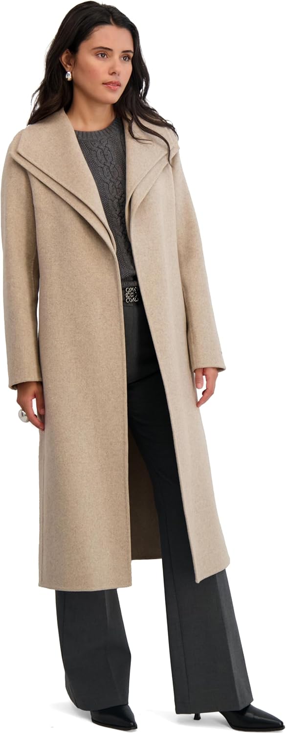 TAHARI Women's Slim Fit Double-Faced Wool Blend Wrap Coat with Tie Belt – Longline Silhouette, Oatmeal, Medium - Image 2