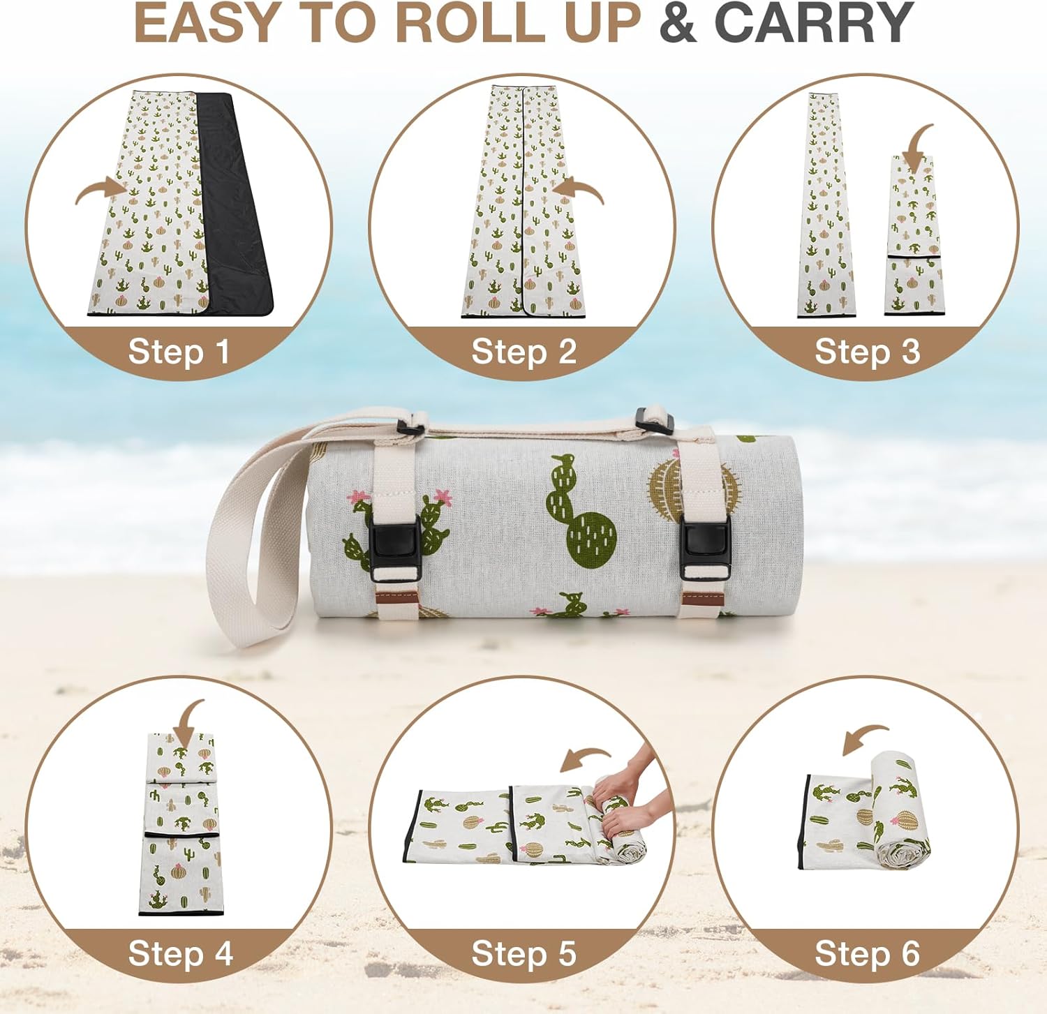 Picnic Blankets Washable | Beach Mat Sand Free Waterproof | Camping Blankets | Emergency Blankets | Picnic Baskets Accessories with Waterproof Backing and Shoulder Strap - Cactus - Image 7