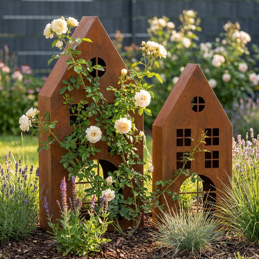 Haus Rost, 2er Set, Metall, Echtrostfinish Maße: Höhe 45 cm, 55 cm