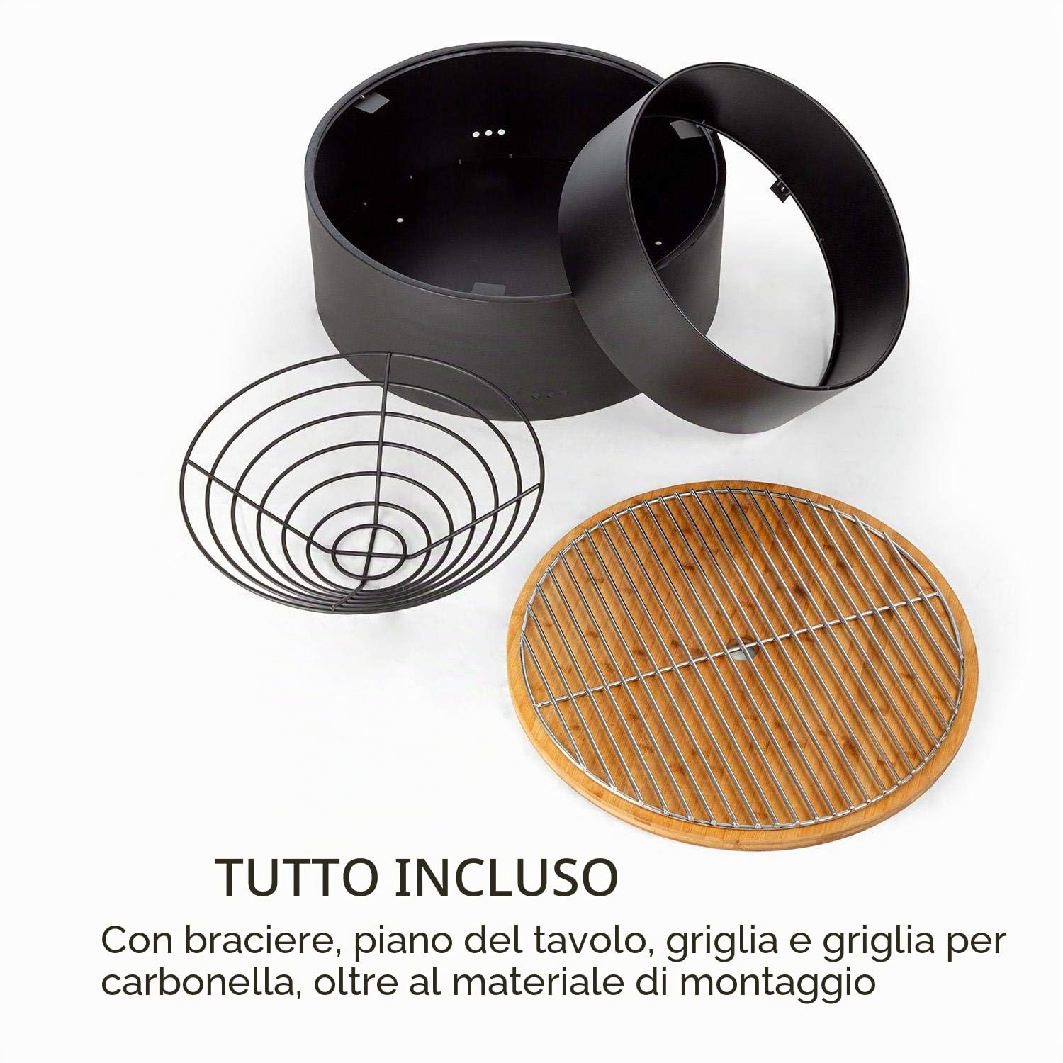 blumfeldt Pompeji Braciere e Grill, Ø 60 cm, Griglia Cromata Ø 56 cm, 60 x 40 cm (Ø x A), Grill a Carbonella con Piano in Bambù, Nero