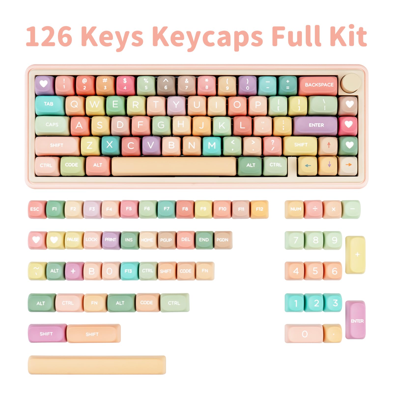 MOA Lot de 126 touches en PBT avec sublimation colorée, 126 touches personnalisées pour clavier mécanique Cherry MX 61/64/68/84/87/100/104/108