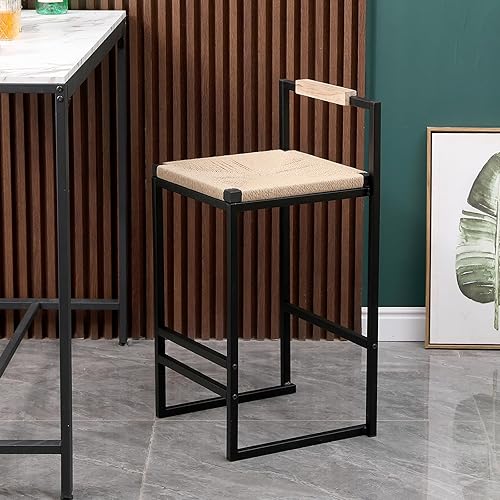 Miniatura 7 de Juego de 2 taburetes de bar tejidos, taburetes de bar de ratán, sillas de cocina de mimbre con reposapiés para bar, cocina, sala de estar, sillas de