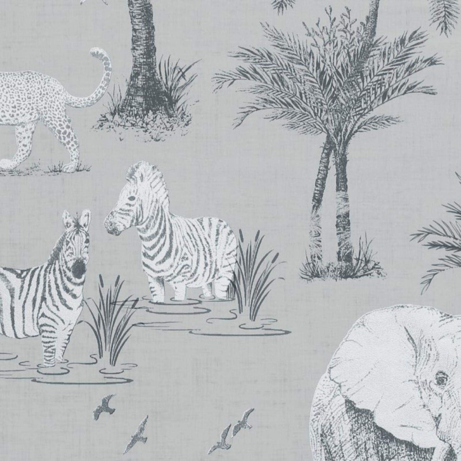Yöl Grey Safari Lagoon Themed Wallpaper Zebra Tiger Elephant Smooth Finish