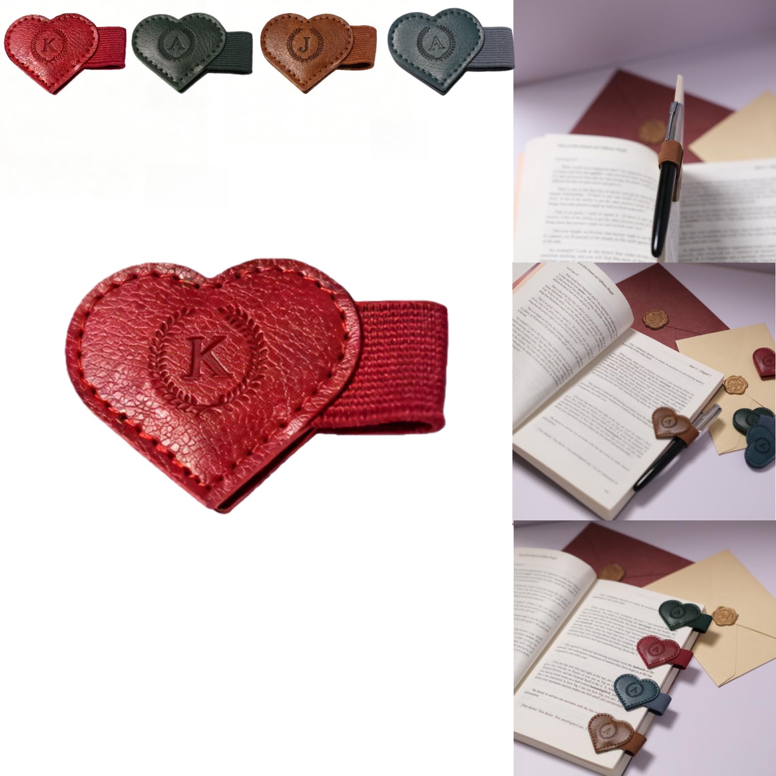 Magnetic Leather Bookmarks with Pen Holder, 26 Letters Name Initial Custom Personalized Heart-Shaped Book Marks for Book Lover Readers, Bygone Cute Leather Bookmark Gift for Women,Girls (Red,K)