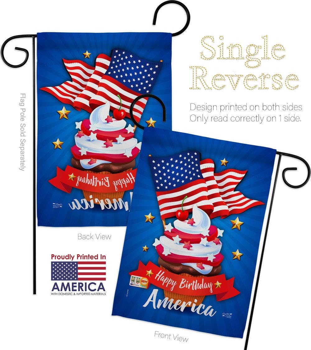 Happy Birthday America Garden Flag Set Wall Holder Americana Fourth of July Independence Day Fireworks BBQ United State American Small Gift Yard House Banner Made In USA 13 X 18.5