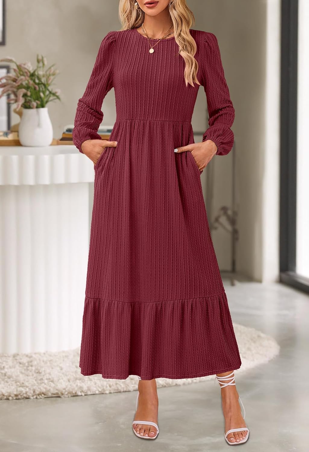 MEROKEETY Women's Fall Long Sleeve Maxi Dresses 2025 Casual Knit Crew Neck Tiered Flowy Pockets Dress - Image 2