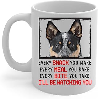 Every Snack You Make I'll Be Watching You Blue Heeler Australian Cattle Dog Coffee Mug 11oz - Peeking Animal Portrait Ceramic Cup White - Funny Gifts for Dog Lovers