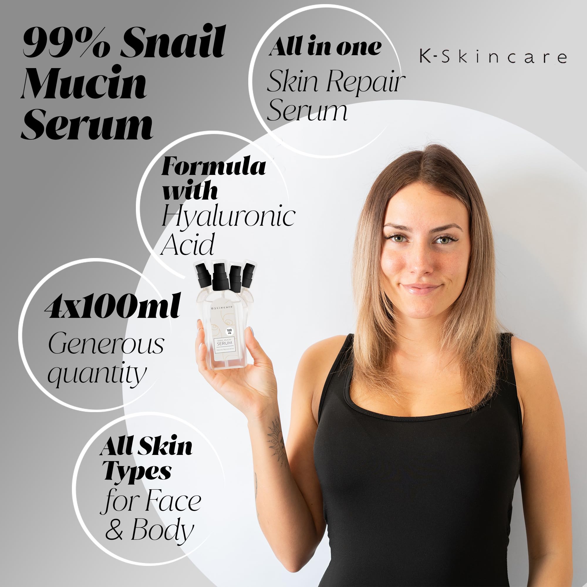 x4 Snail Mucin Essence Serum & Hyaluronic Acid, All In One Advanced Skin Repair, Deep Hydration, Blemish & Fine Line Removal - Image 4