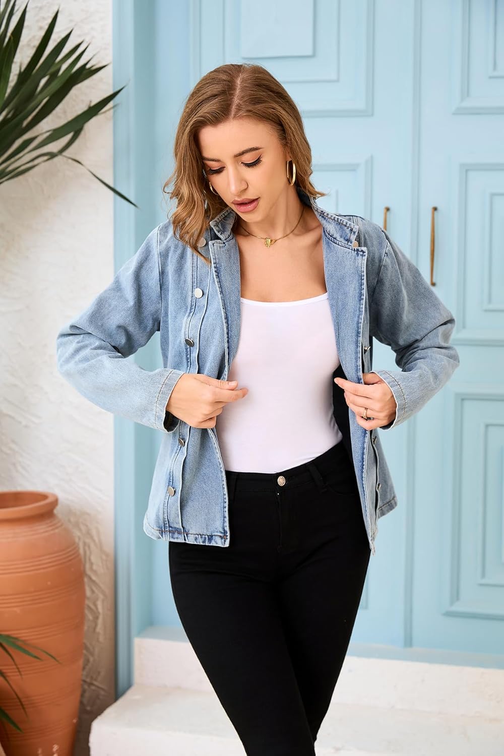 Womens Jean Jacket Trendy Cropped Long Sleeve Crop Jackets Cute Open Front Denim Blazer - Image 2