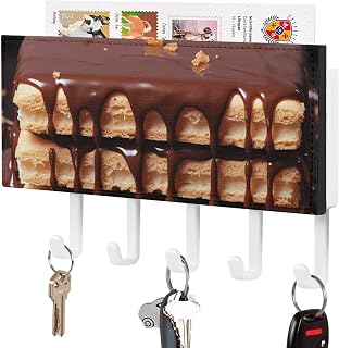 Chocolate Key Holder with 5 Hooks Mail Organizer for Wall White-style | Adhesive Key Hanger for Wall Mount, PU Leather Key Rack with 1 Self-Adhesive Tape, for Entryway Hallway Living Room Bathroom