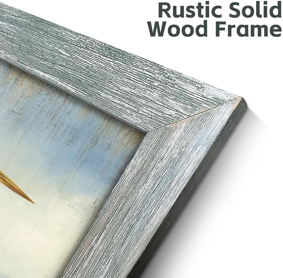 Coastal Heron Framed Wall Art: Beach Sea Bird Painting Blue Ocean Picture Seascape Artwork Seashore Wood Print for Bathroom Bedroom Home Office