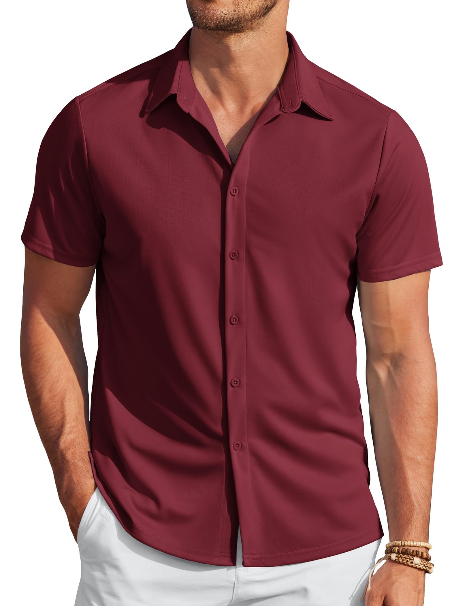 Coofandy Chemise décontractée sans Plis à Manches Courtes pour Homme - Chemise d'été Extensible