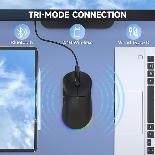 A.JAZZ NJ08 Tri-Mode Kabellose Gaming Maus, 1000Hz 70g Leicht, PC Mouse Mittel-Groß Ergonomisch, 12800 DPI 6 Stufen, Bluetooth/2.4G/USB-C, RGB Wiederaufladbar für Laptop/Mac - Schwarz - 3