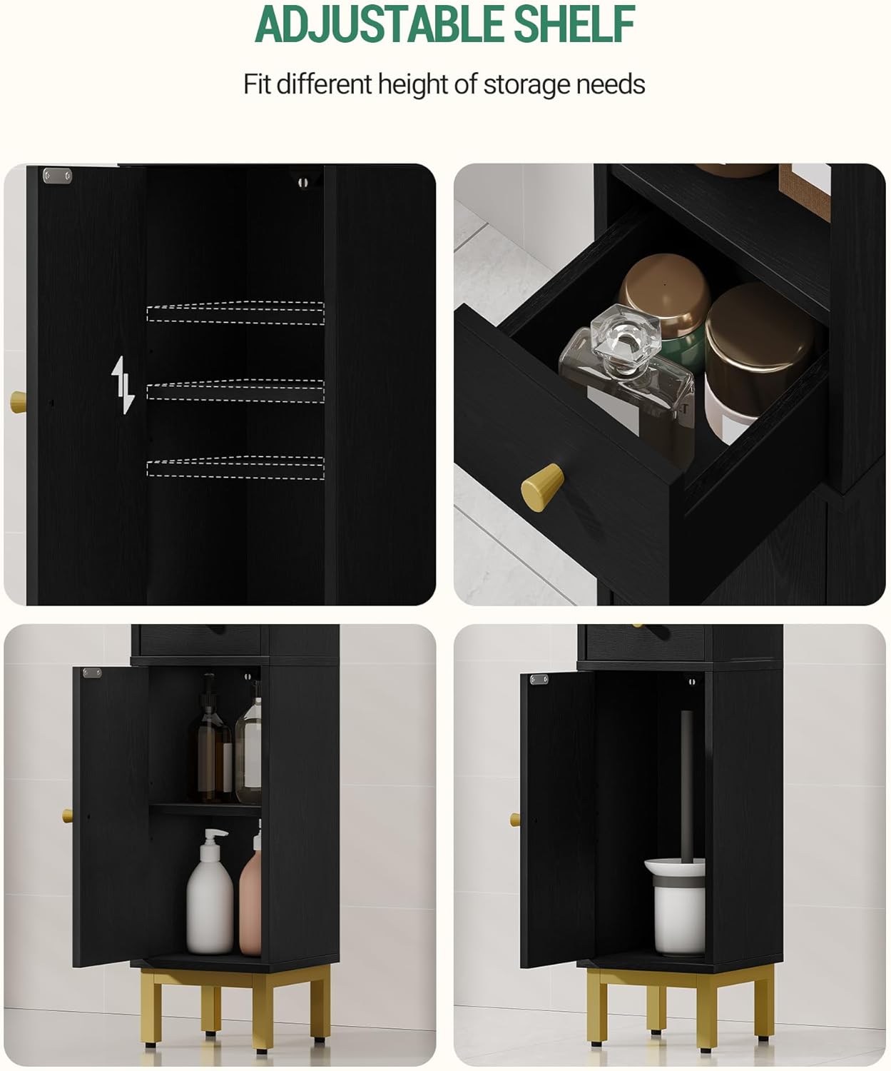 Bathroom Storage Cabinet, Corner Floor Cabinet with Drawers and Doors, Narrow Toilet Paper Holder, Bathroom Organizer with Adjustable Shelf, for Small Spaces, Black, BC19804GV1 - Image 7