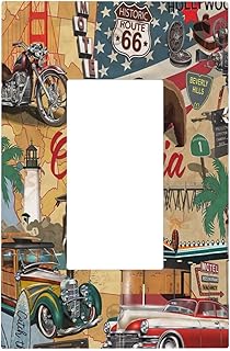 1 Gang Electrical Decora/GFCI Device Wallplate Historic Route 66 Bear Cars Diner Motorcycle Map Road Journey American USA Single Decorator Rocker Outlet Light Switch Cover Electrical Faceplate Dimmer