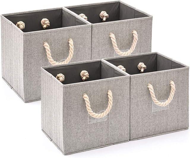 EZOWare [Set of 4] Foldable Fabric Storage Cube Bins with Cotton Rope Handle, Collapsible Resistant Basket Box Organizer for Shelves Closet Toys and More  Gray 30x30x30cm