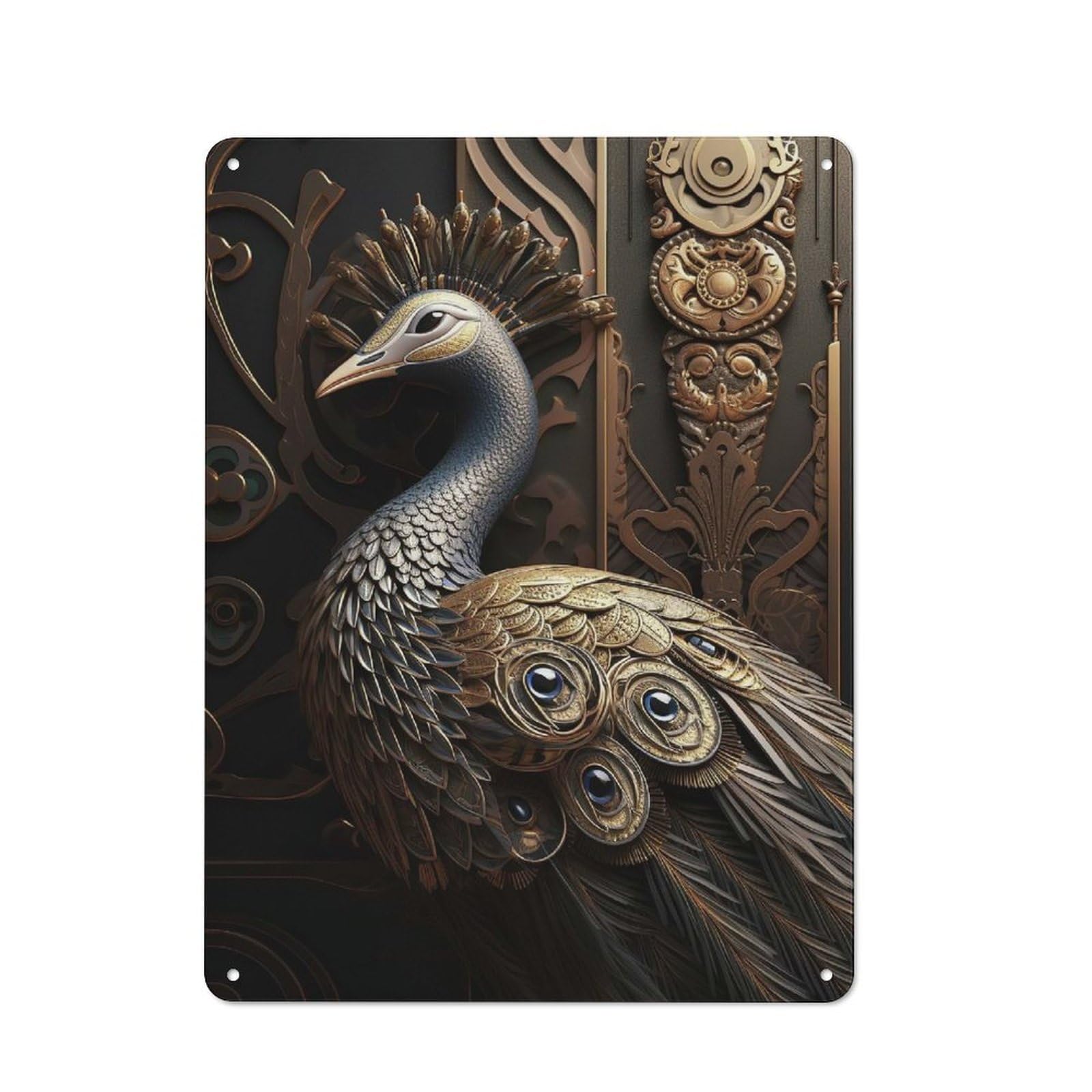 King Golden Peacock Nostalgic Metal Wall Decor 40x30cm, Vintage Tin Sign for Living Room, Hallway, Kitchen Or Cafe