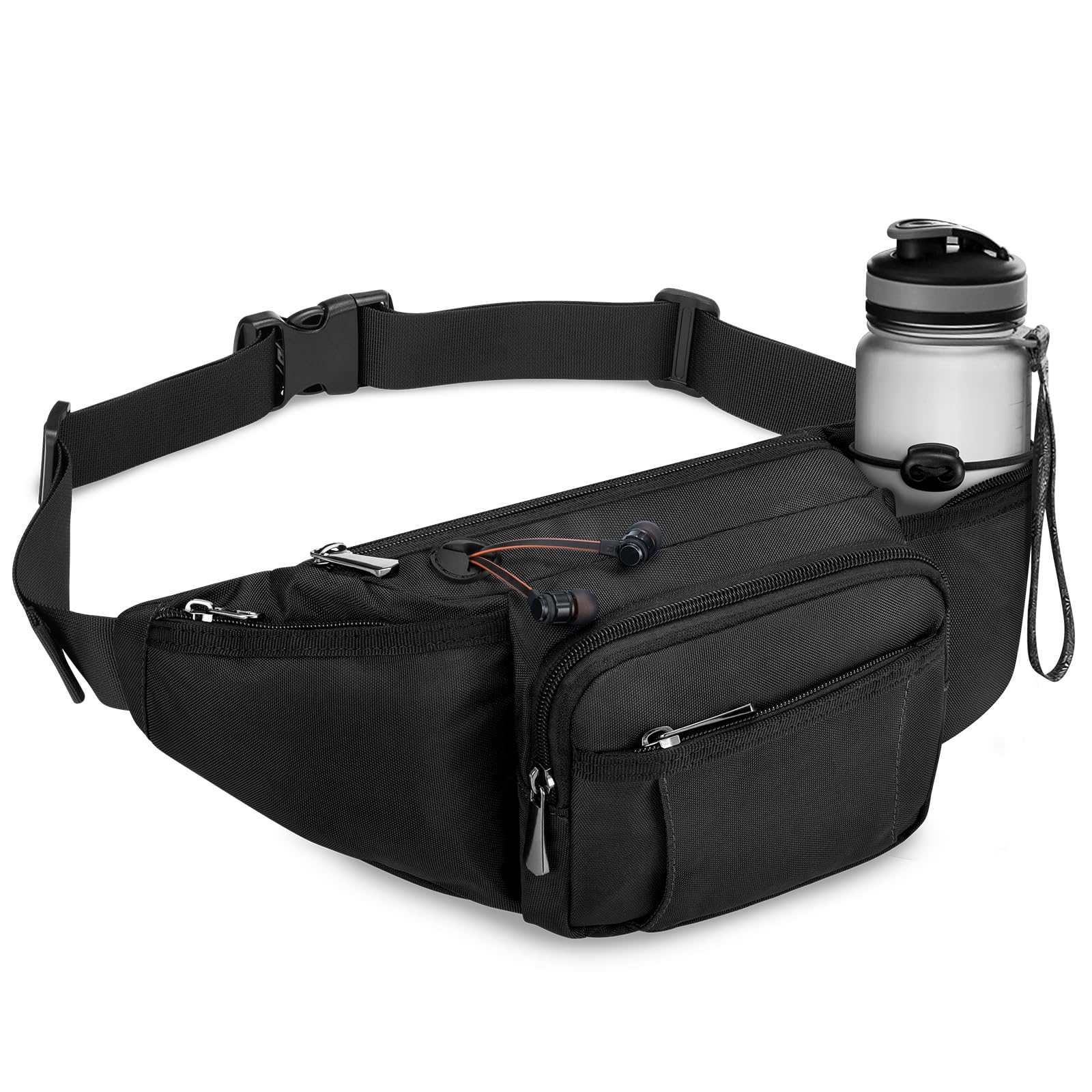Bum Bag for Men and Women, Belt Bag with Bottle Holder, Strap, Adjustable Waist Bag with 6 Zip Pockets for Hiking, Dog Walking, Jogging, Cycling, Travel, Running, Black, 39.4 x 17.8 x 14 cm-image-37