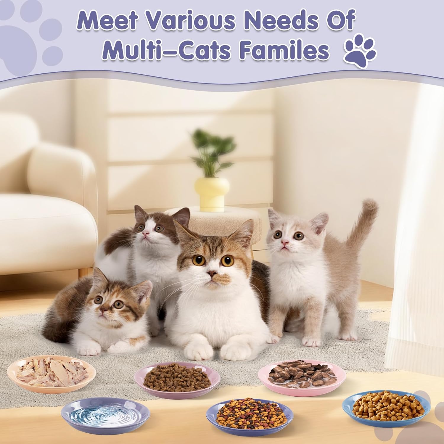 6 Pack Cat Food Bowl, Ceramic Cat Bowls, Anti Whisker Fatigue Cats Bowl Set,5.5 Inches Shallow Wide Kitten Plates for Food and Water (CaiSe-A)