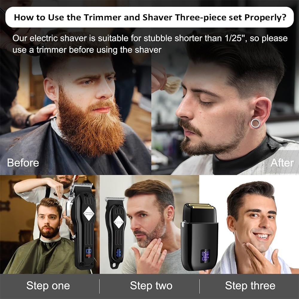 Three-step visual guide on how to use the trimmer and shaver: Step one shows a person with a beard, step two shows using the trimmer to shorten the beard, and step three shows using the foil shaver for a clean finish.