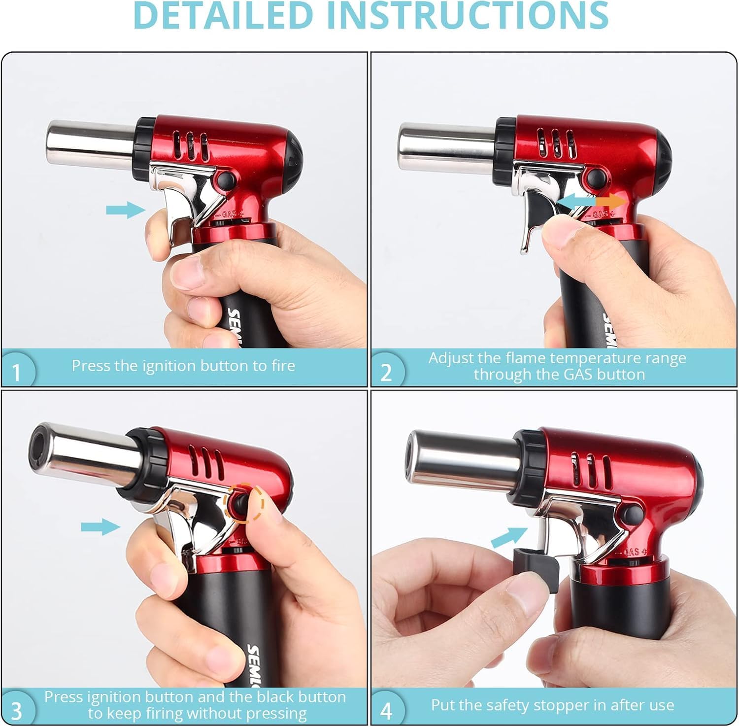 Four-step visual guide for operating the butane torch, including ignition, flame adjustment, continuous flame, and engaging safety stopper.