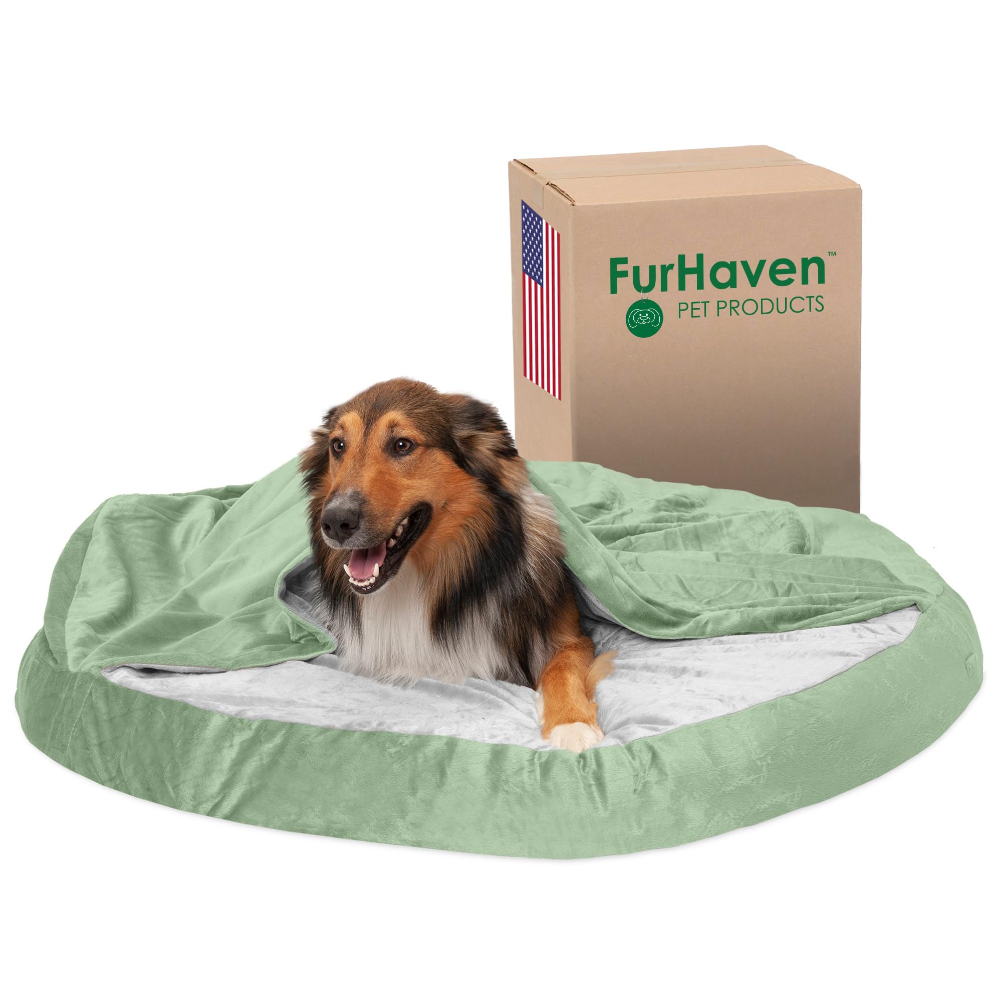 FurHaven Cama Redonda de Espuma viscoelástica de 44 Pulgadas para Perros Grandes con Funda extraíble Lavable, para Perros de hasta 80 Libras, acogedora de microterciopelo, Salvia (Verde), 44 Pulgadas