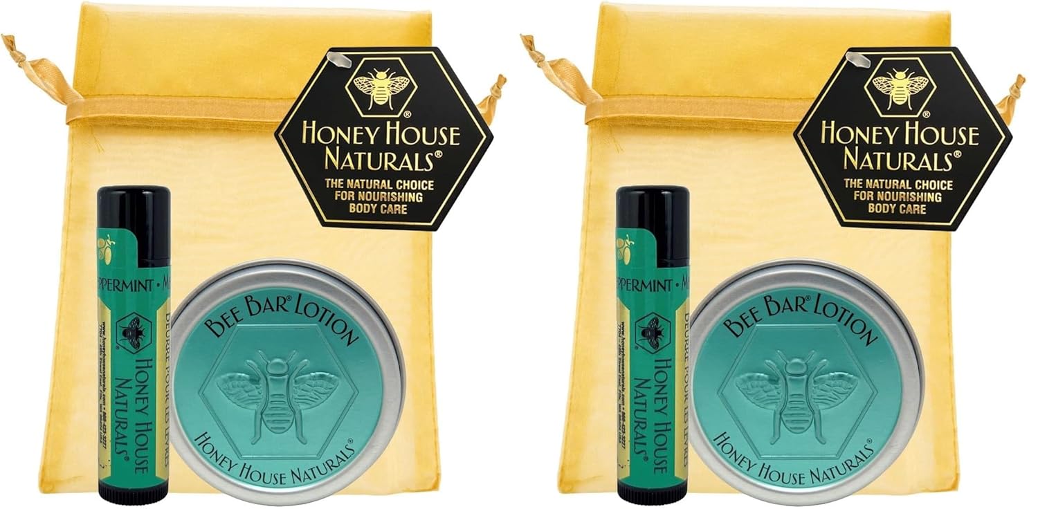 Honey House Naturals 2 Piece Gift Set, All Natural, Ultra Moisturizing Lotion Bar and Lip Butter Infused with Essential Oils, Made in USA (Lip Balm & Bee Bar, Peppermint) (Pack of 2)