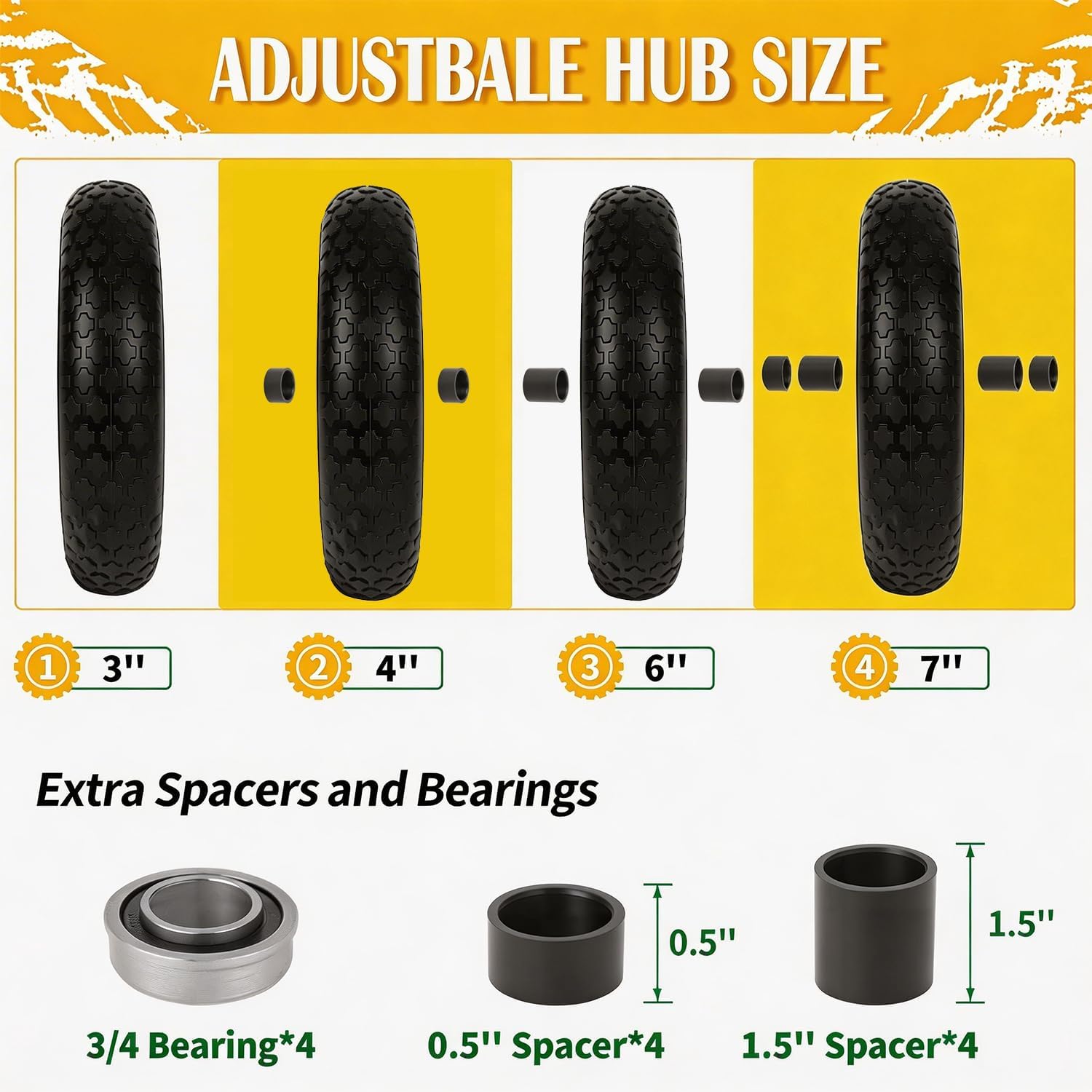 14.5" Wheelbarrow Tire Flat-Free, 3.50-8 Solid Tire 300LB Capacity Each, with 5/8" & 3/4" Bearings, 3"-4''-6''-7" Adjustable Hub, Tire and Wheel Replacement for Dolly, Hand Truck, Garden Cart, 2 Pack