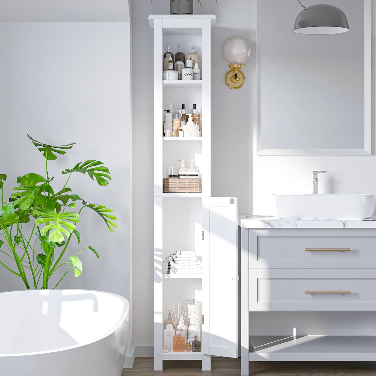 Tall Bathroom Storage Cabinet, Bathroom Narrow Cabinet, Slim Storage Cabinet, with Adjustable Shelves and Door, Suitable for Bathrooms, Small Spaces, Kitchens, Living Rooms, White