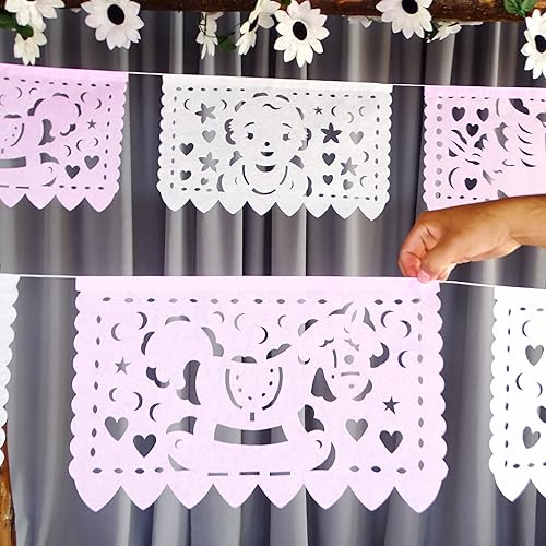 Miniatura 3 de Pancartas de fiesta de baby shower de niña rosablanca  Decoraciones de baby shower rosa Fiesta Papel Picado, guirnaldas de papel con serpentinas con