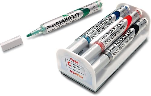 Pentel Maxiflo Whiteboard Markers, Bullet Tip, 4-Color Set, Magnetic Eraser