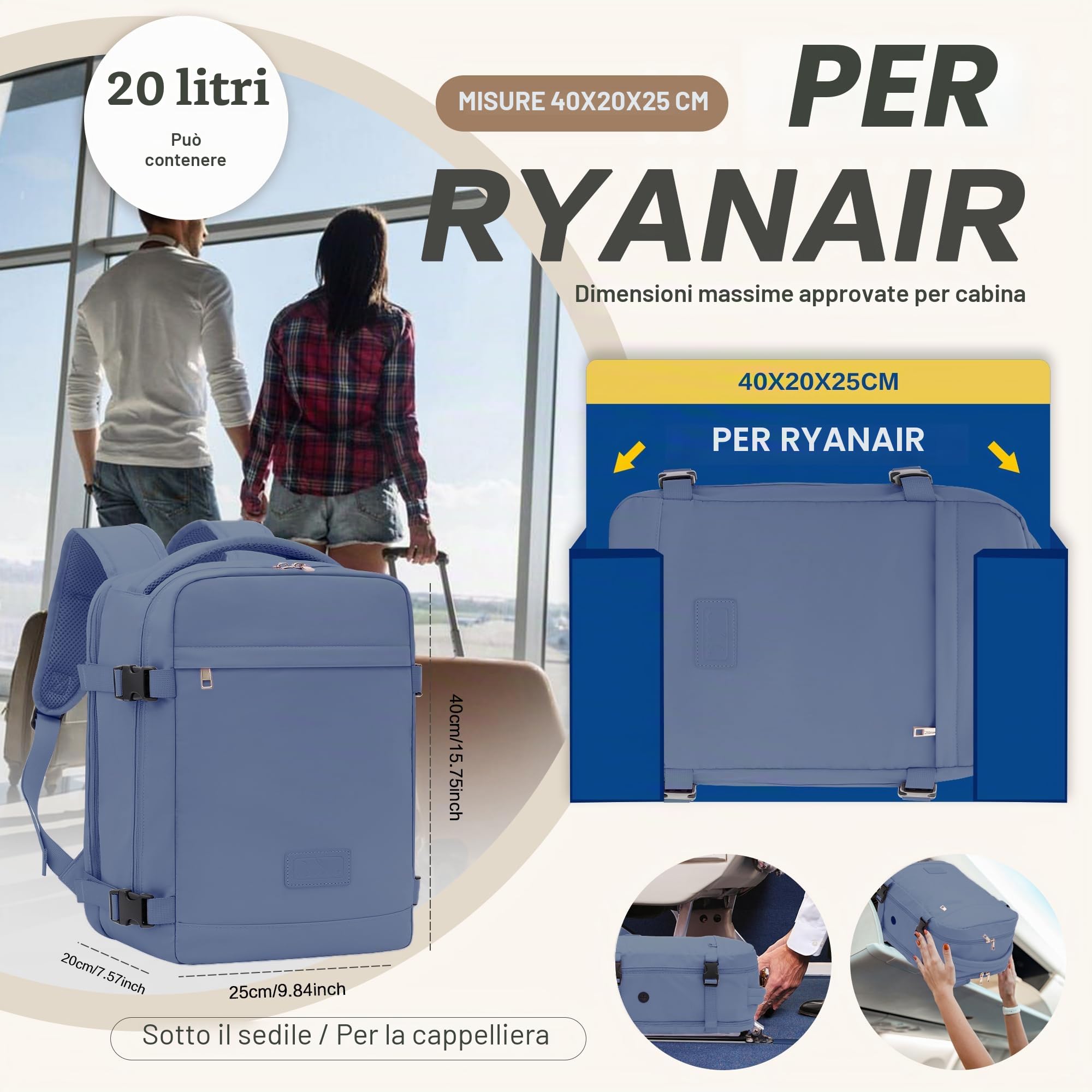 Zaino 40x30x20 Bagaglio a Mano 40x30x20 per Ryanair Zaino da Viaggio Aereo Piccolo Borsa da Cabina per Voli Donna Uomo