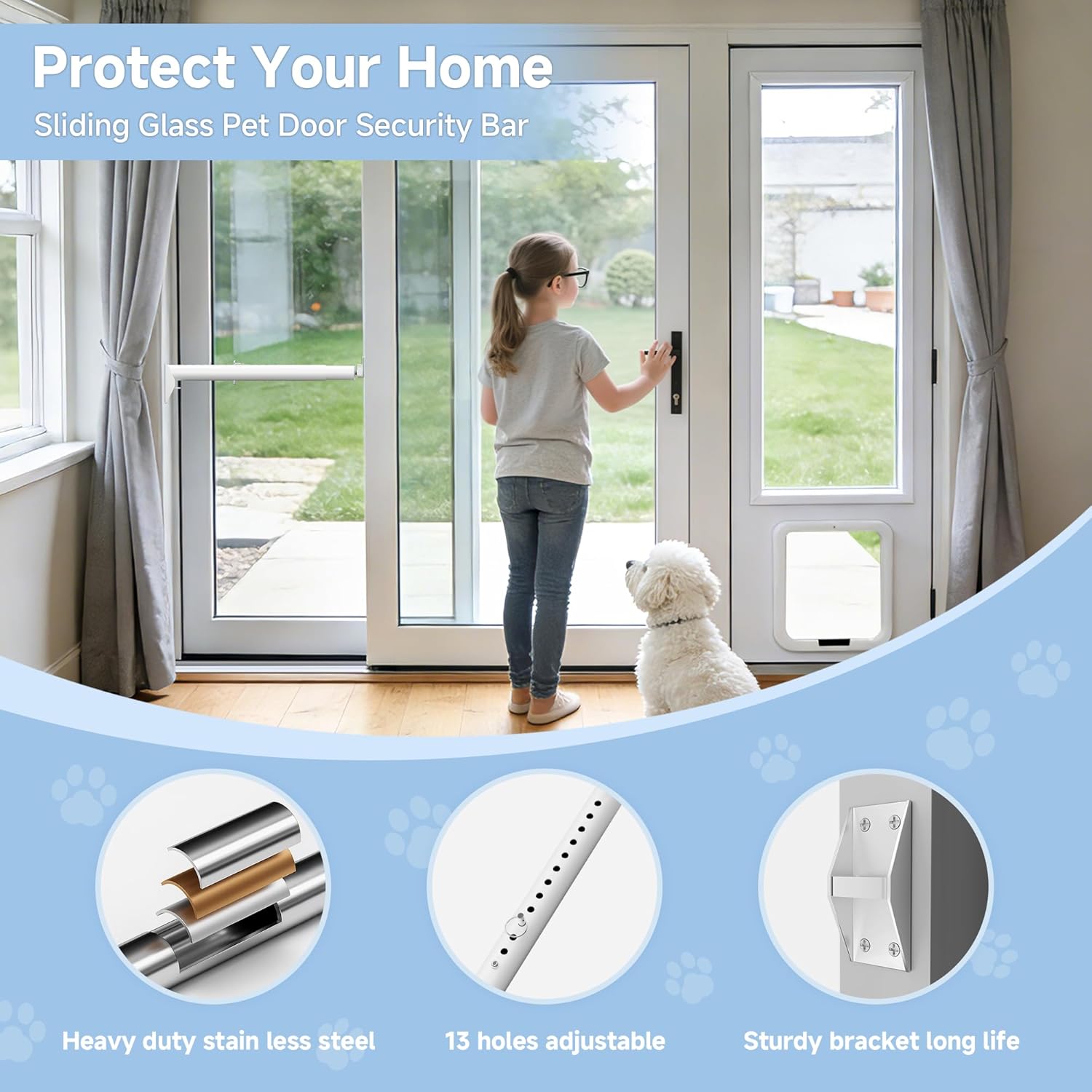 Sliding Glass Pet Door Security Bar,Adjustable Sliding Door Safety Bar for Sliding Glass Dog or Cat Doors,Slide Doggy Lock Bar Size Extends 11” to 18”