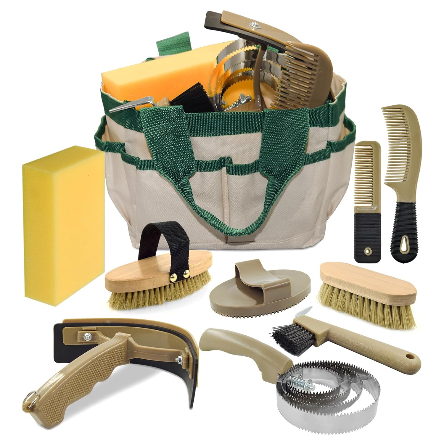 9 Pieces Horse Grooming Kit with Organizer Tote Bag, Horse Brushes for Grooming and Bathing, Professional Equine Coat Care Tack Room Supplies Set, Gift for Horse Lover