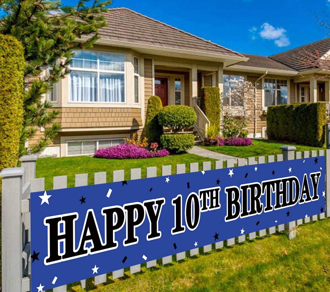 Large Happy 10th Birthday Banner, 10th Birthday Party Sign Blue, 10th Birthday Party Supplies Decorations (9.8 x 1.6 ft)