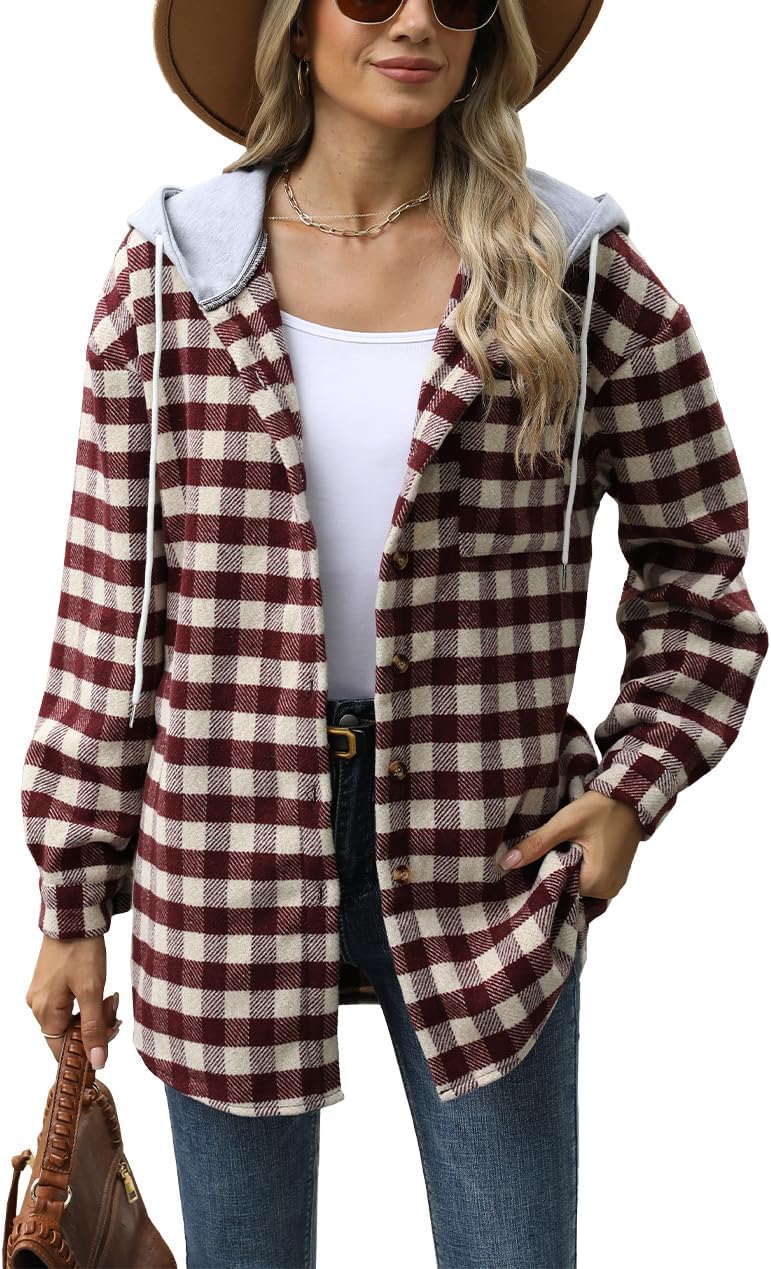 Artykey Women's Plaid Hooded Jacket Casual Single Breasted Trench Coat Fall Long Sleeve Shirts Winter Shacket Jackets