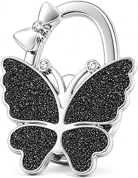 Purse Hook for Table, Foldable Handbag Hanger for Women, Portable Bag Holder with Non-Slip Base, Cute Black Glitter Butterfly Purse Table Hook for Restaurant Office Travel Gift